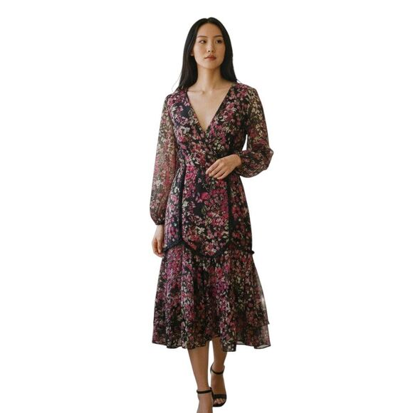 DANNY & NICOLE BLACK & PINK FLORAL MIDI DRESS SZ.10 EUC. - Picture 1 of 9